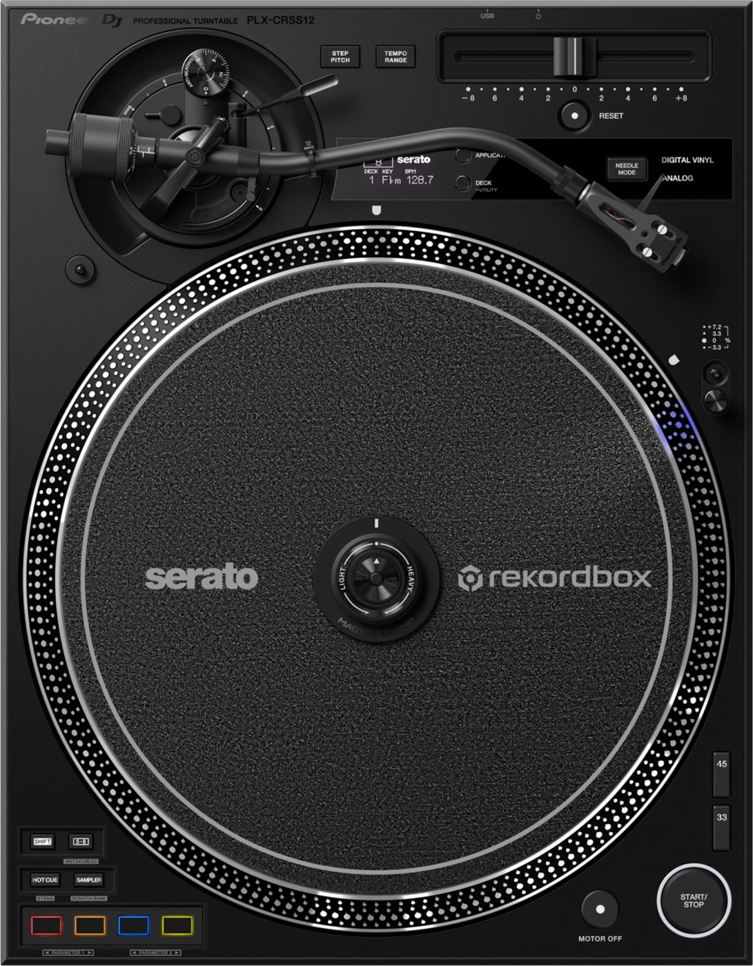 AlphaTheta PLX-CRSS12 digital-analog hybrid DJ turntable, top view