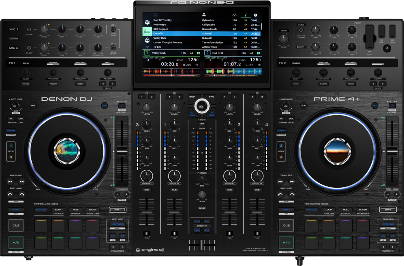 Denon DJ PRIME 4+ standalone all-in-one DJ system, top view