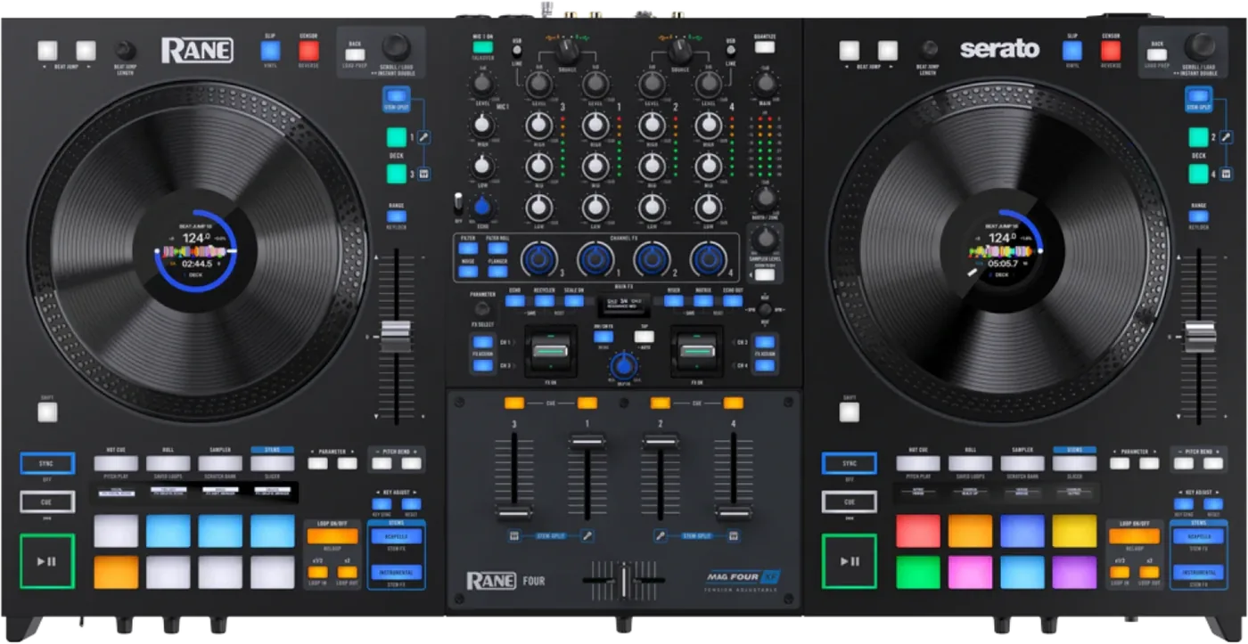 RANE FOUR four channel DJ controller for Serato, top view with two platters and four channel strips
