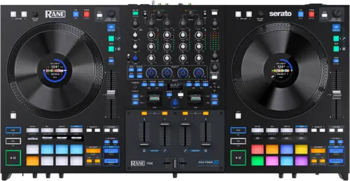 RANE FOUR four channel DJ controller for Serato, top view with two platters and four channel strips