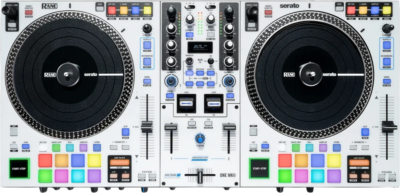 RANE ONE MKII motorised DJ controller for Serato, top view with two platters and a crossfader
