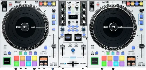 RANE ONE MKII motorised DJ controller for Serato, top view with two platters and a crossfader