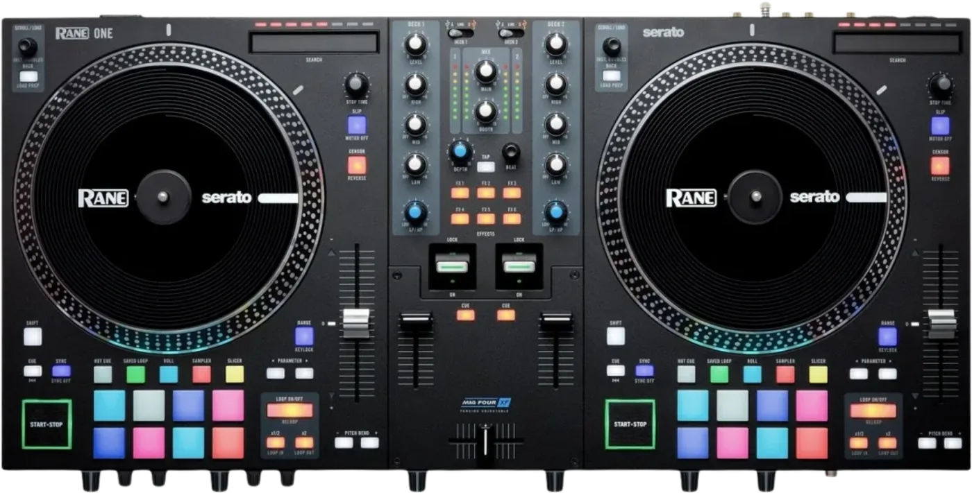 RANE ONE motorised DJ controller for Serato, top view with two platters and a crossfader
