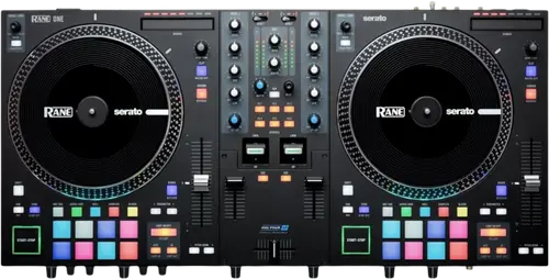 RANE ONE motorised DJ controller for Serato, top view with two platters and a crossfader
