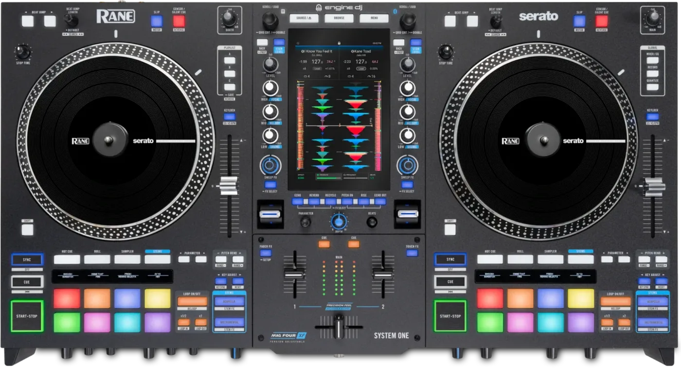 RANE SYSTEM ONE standalone DJ system, top view with two motorised platters, a central screen and performance pads