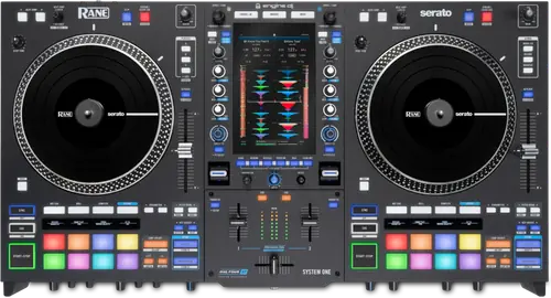 RANE SYSTEM ONE standalone DJ system, top view with two motorised platters, a central screen and performance pads