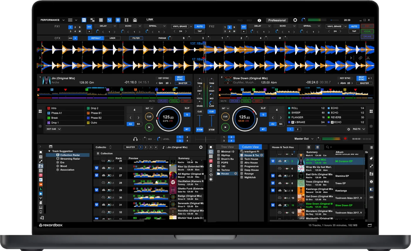 rekordbox Performance view: two decks, waveforms, and the track browser