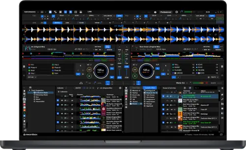 rekordbox Performance view: two decks, waveforms, and the track browser