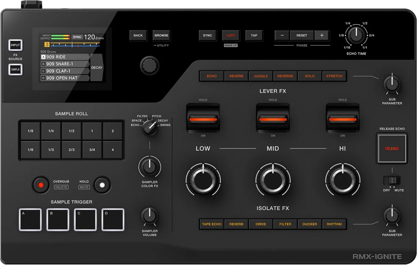 AlphaTheta RMX IGNITE DJ effector control panel, top view