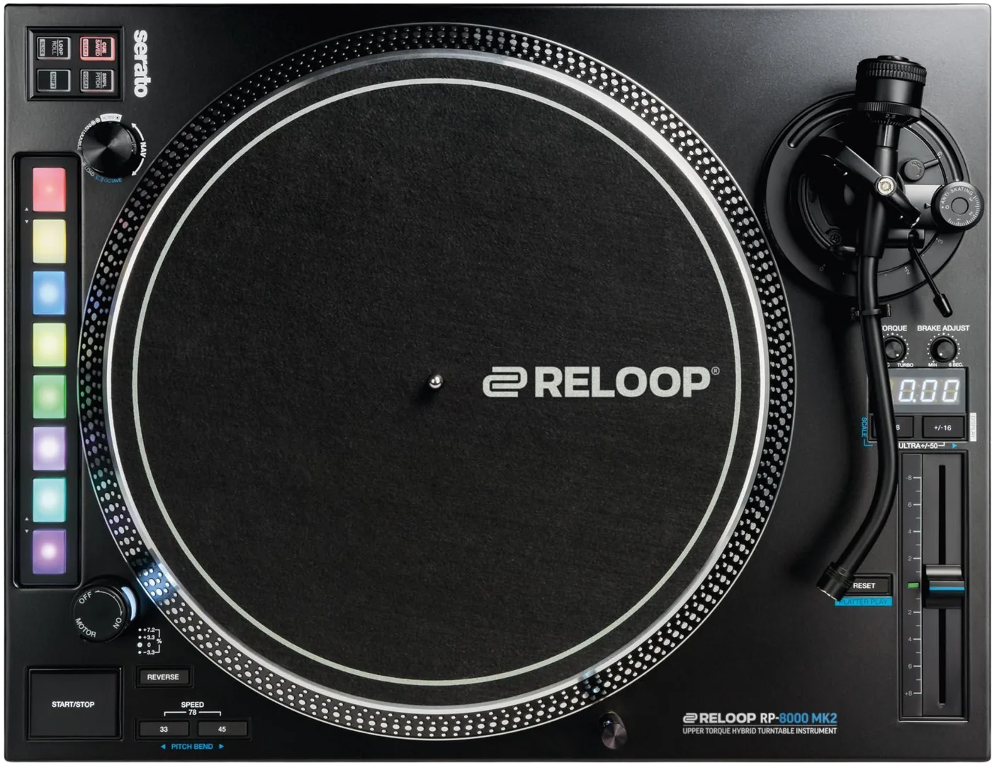 Reloop RP-8000 MK2 direct drive DJ turntable with eight performance pads, top view