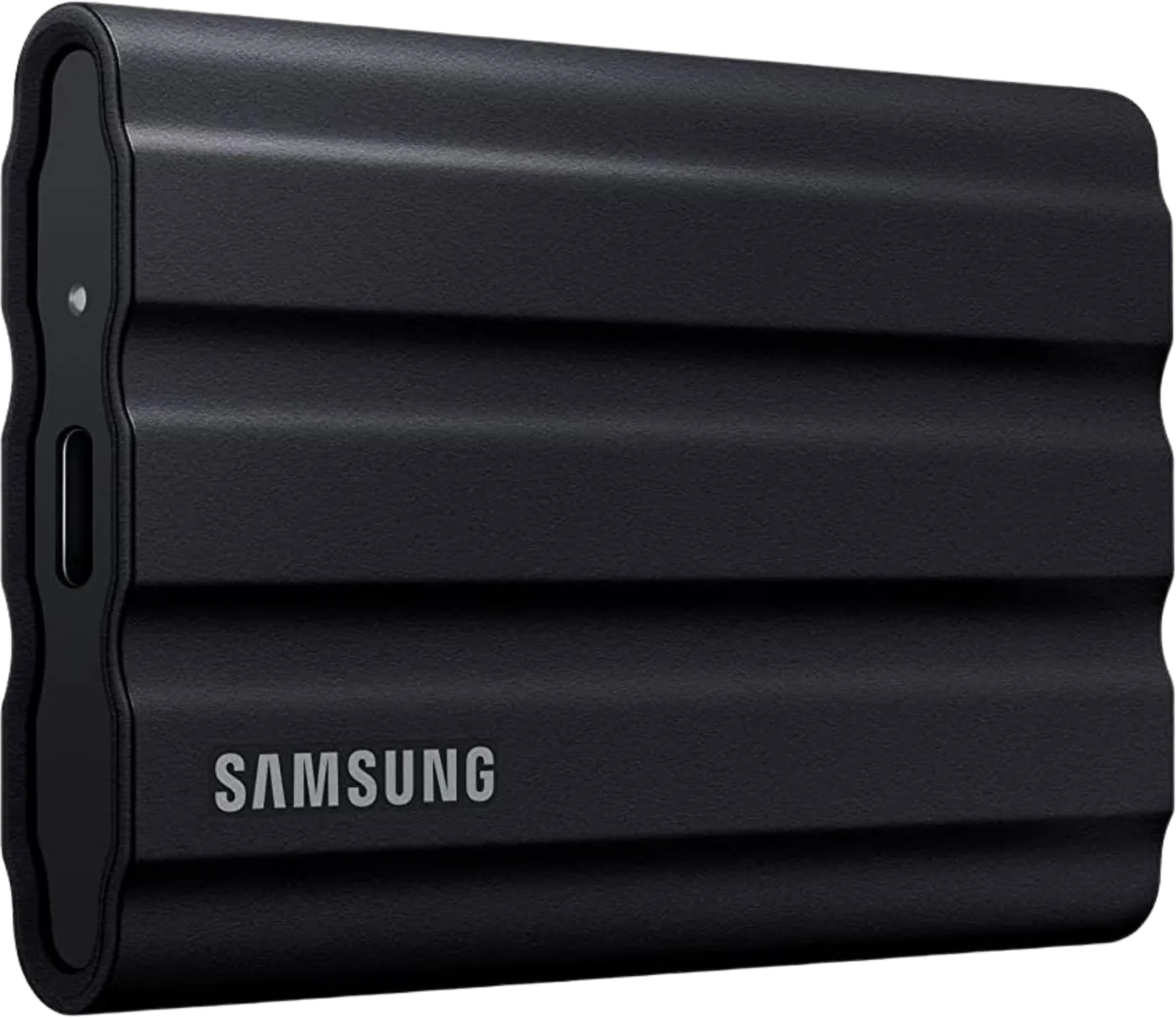 Samsung T7 Shield portable SSD in its rubber sleeve