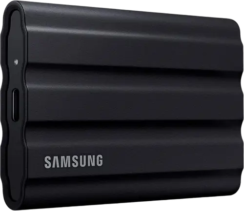 Samsung T7 Shield portable SSD in its rubber sleeve