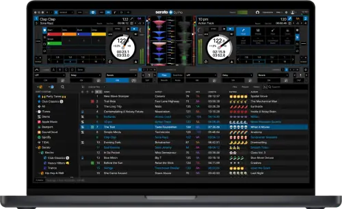 Serato DJ Pro Performance view: two decks, waveforms, and the crate browser