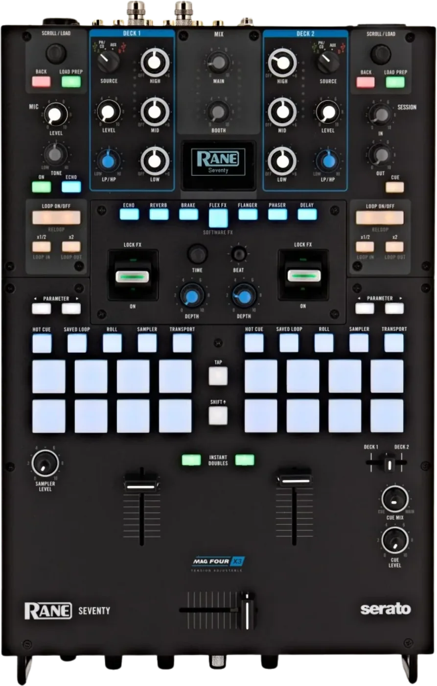 RANE SEVENTY battle mixer, top view: OLED display, deck source knobs, performance pads and MAG FOUR faders
