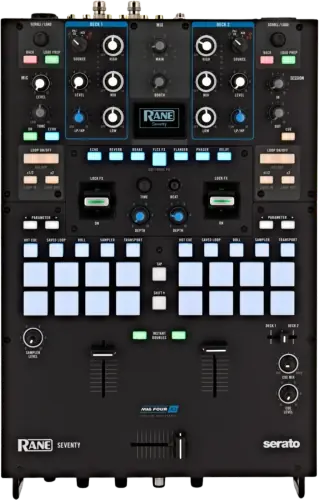 RANE SEVENTY battle mixer, top view: OLED display, deck source knobs, performance pads and MAG FOUR faders