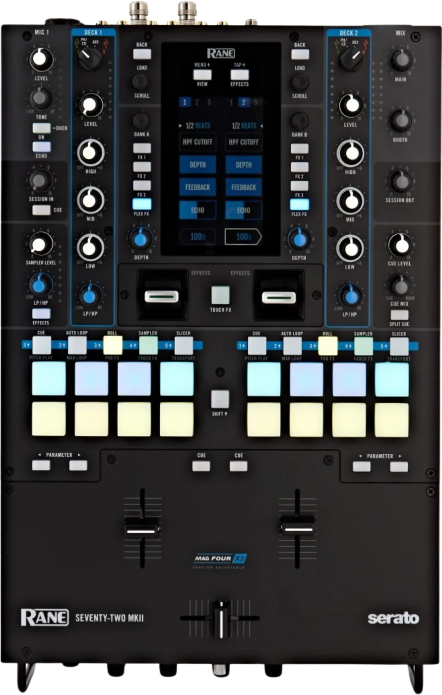 RANE SEVENTY-TWO MKII battle mixer, top view: touchscreen, deck source knobs, performance pads and MAG FOUR faders