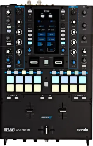 RANE SEVENTY-TWO MKII battle mixer, top view: touchscreen, deck source knobs, performance pads and MAG FOUR faders
