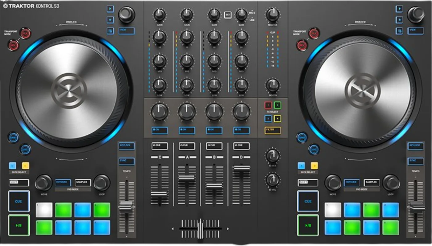 TRAKTOR KONTROL S3 four channel DJ controller, top view: two touch sensitive jog wheels with light rings and a four channel mixer section