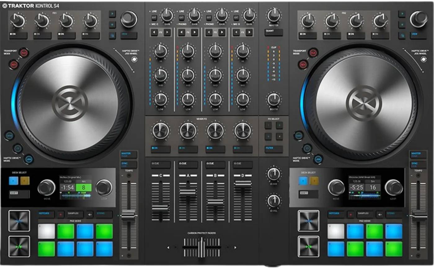 TRAKTOR KONTROL S4 four channel DJ controller, top view: two motorised jog wheels, two colour displays and a four channel mixer section