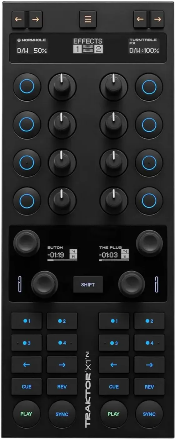 TRAKTOR KONTROL X1 control surface, top view: effect knobs and buttons, a loop and browse section, hotcue buttons and transport controls