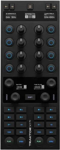 TRAKTOR KONTROL X1 control surface, top view: effect knobs and buttons, a loop and browse section, hotcue buttons and transport controls