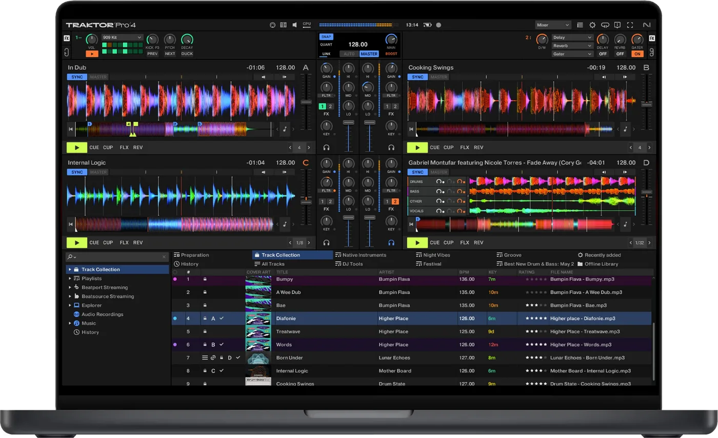TRAKTOR PRO 4 running on a laptop: four decks, waveforms, effects and the track browser