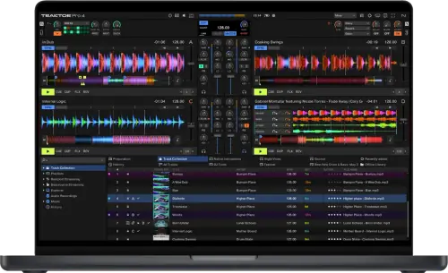 TRAKTOR PRO 4 running on a laptop: four decks, waveforms, effects and the track browser