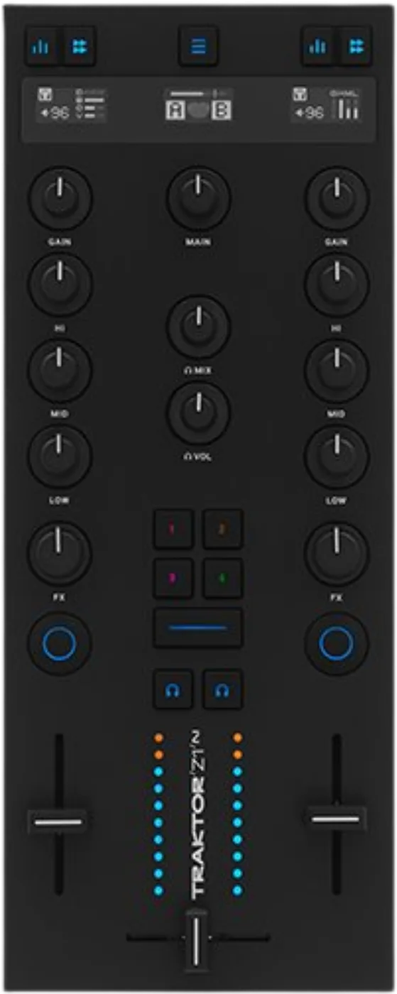Traktor Z1 MK2 compact DJ mixer controller, top view: three OLED displays, two channel strips with three band EQ, two faders and a crossfader