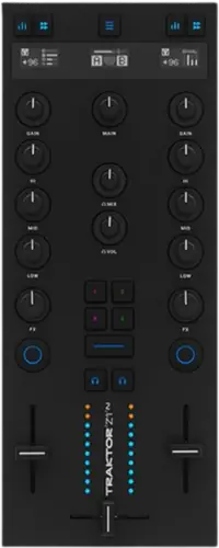 Traktor Z1 MK2 compact DJ mixer controller, top view: three OLED displays, two channel strips with three band EQ, two faders and a crossfader