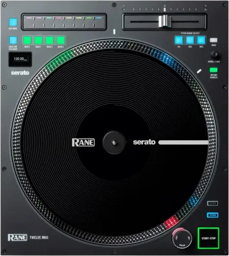 RANE TWELVE MKII motorised control deck, top view: platter, pitch fader, deck select and DVS mode controls