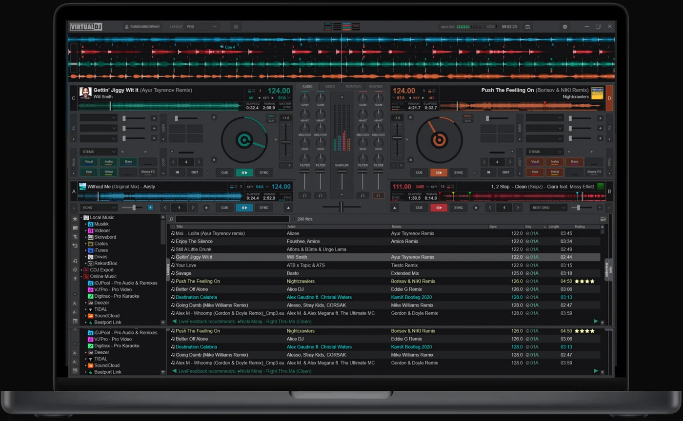 VirtualDJ running on a laptop: four decks with stem waveforms, a centre mixer, and a browser with CDJ Export in the sidebar