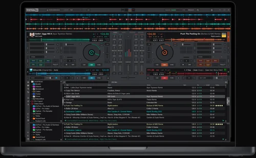 VirtualDJ running on a laptop: four decks with stem waveforms, a centre mixer, and a browser with CDJ Export in the sidebar