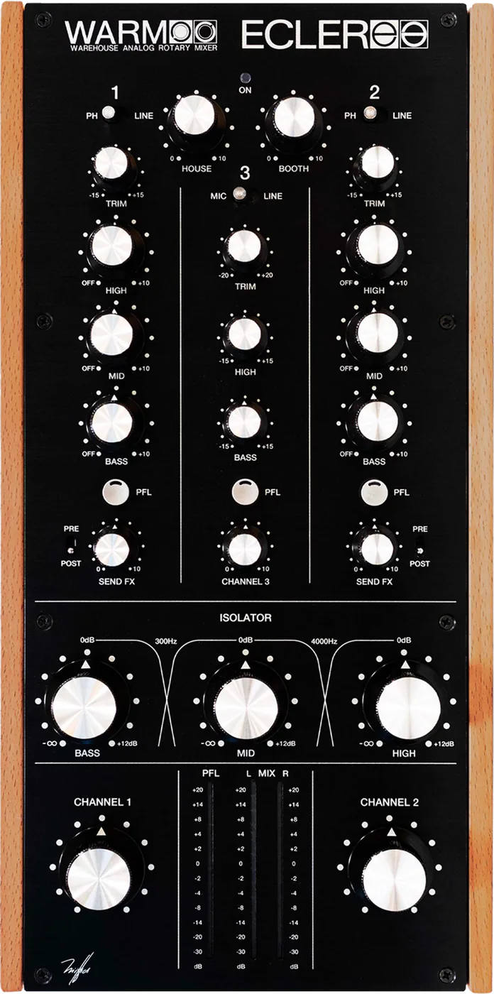 Ecler WARM2 two-channel analogue rotary DJ mixer, front view with wooden side panels