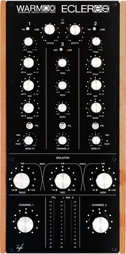 Ecler WARM2 two-channel analogue rotary DJ mixer, front view with wooden side panels