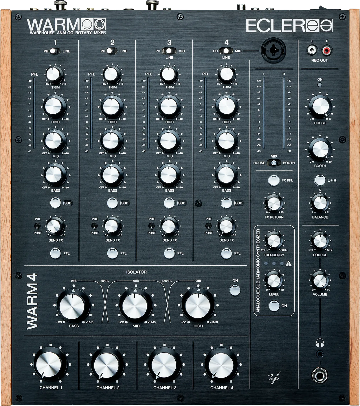 Ecler WARM4 four-channel analogue rotary DJ mixer, front view with wooden side panels