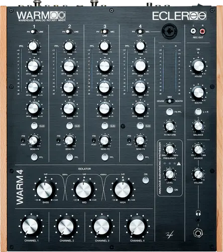 Ecler WARM4 four-channel analogue rotary DJ mixer, front view with wooden side panels