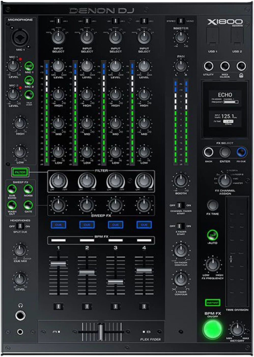 Denon DJ X1800 PRIME four channel DJ mixer, top view