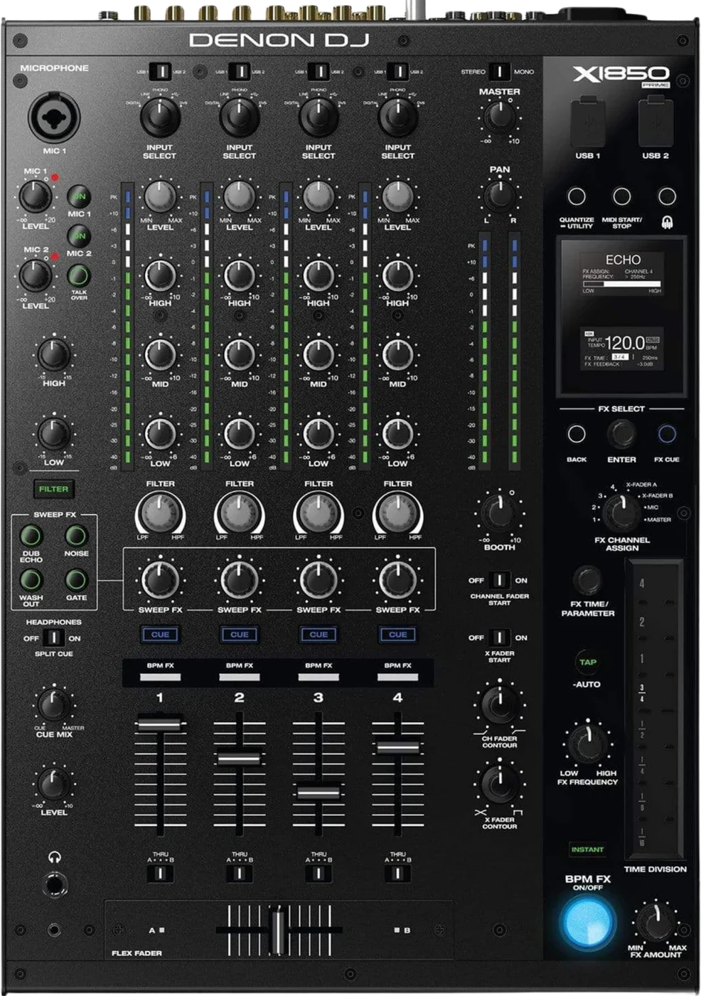 Denon DJ X1850 PRIME four-channel mixer control panel, top view