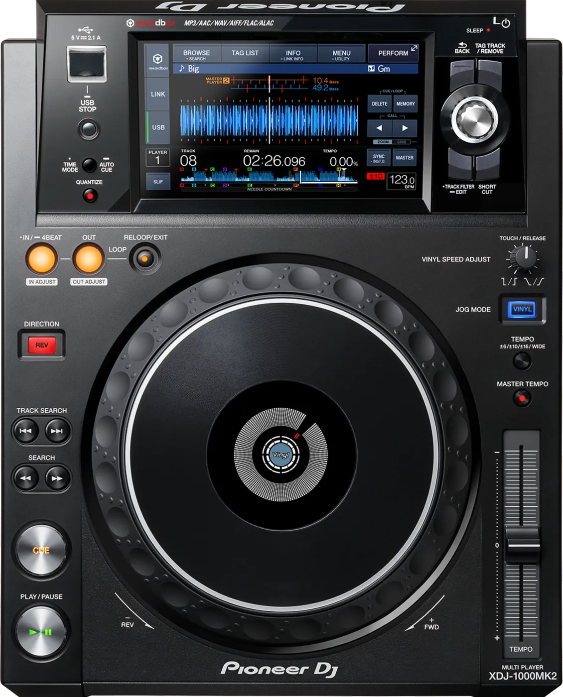 Pioneer DJ XDJ-1000MK2 media player control panel, top view