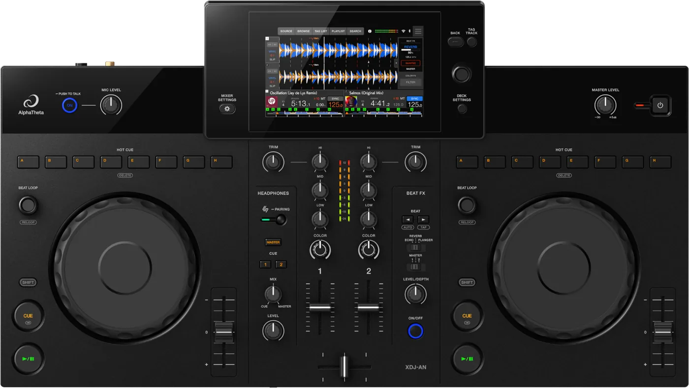 AlphaTheta XDJ-AN 2-channel all-in-one DJ system control panel, top view