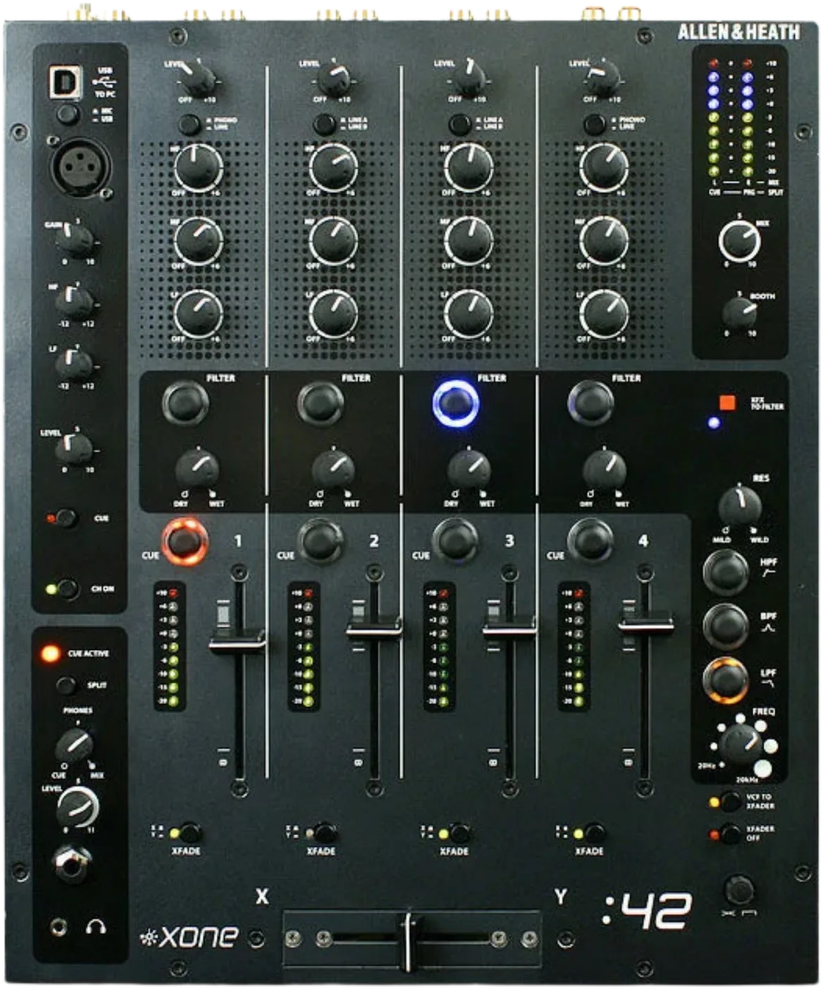 Allen & Heath Xone:42 four-channel analogue DJ mixer control panel, top view