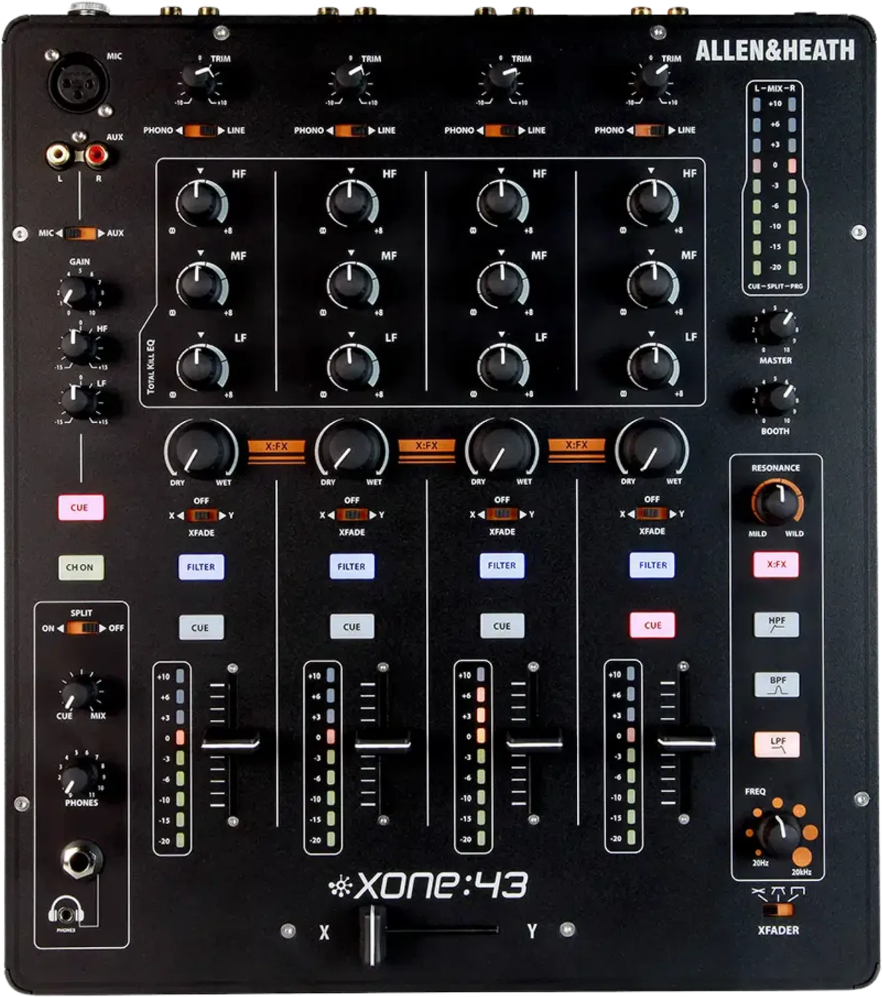 Allen & Heath Xone:43 four channel analogue DJ mixer control panel, top view