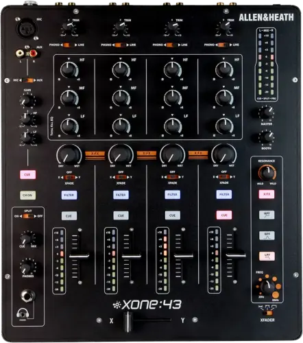 Allen & Heath Xone:43 four channel analogue DJ mixer control panel, top view