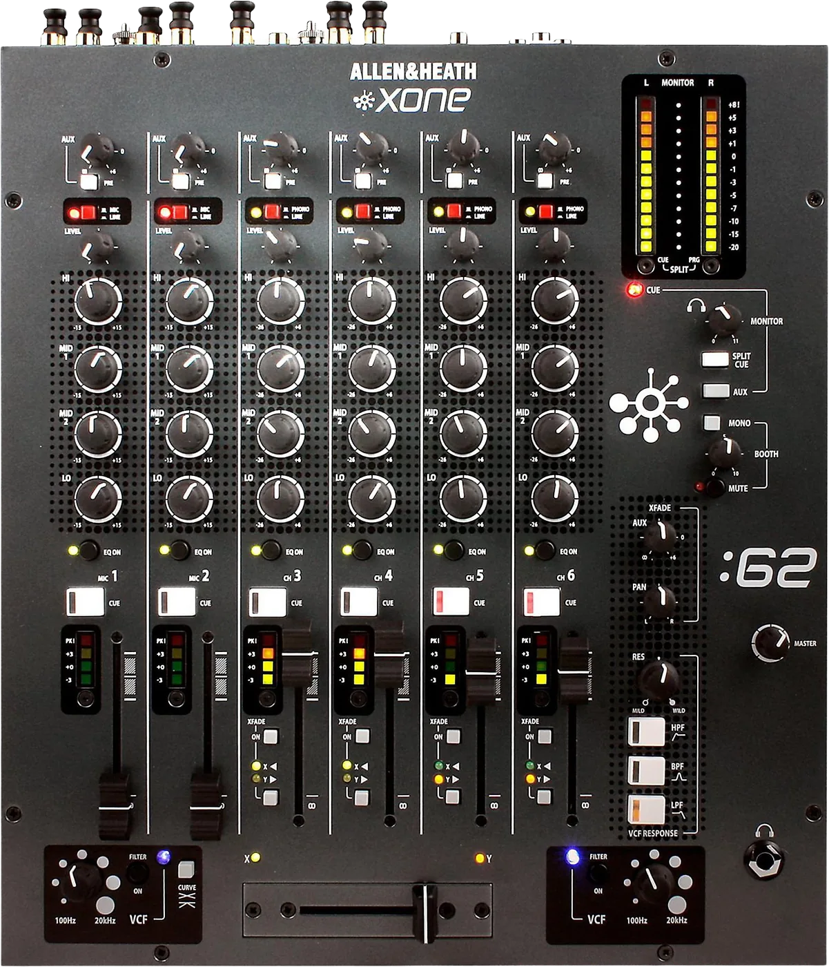 Allen and Heath Xone:62 six channel analogue DJ mixer, top view