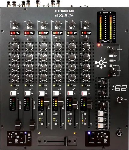 Allen and Heath Xone:62 six channel analogue DJ mixer, top view