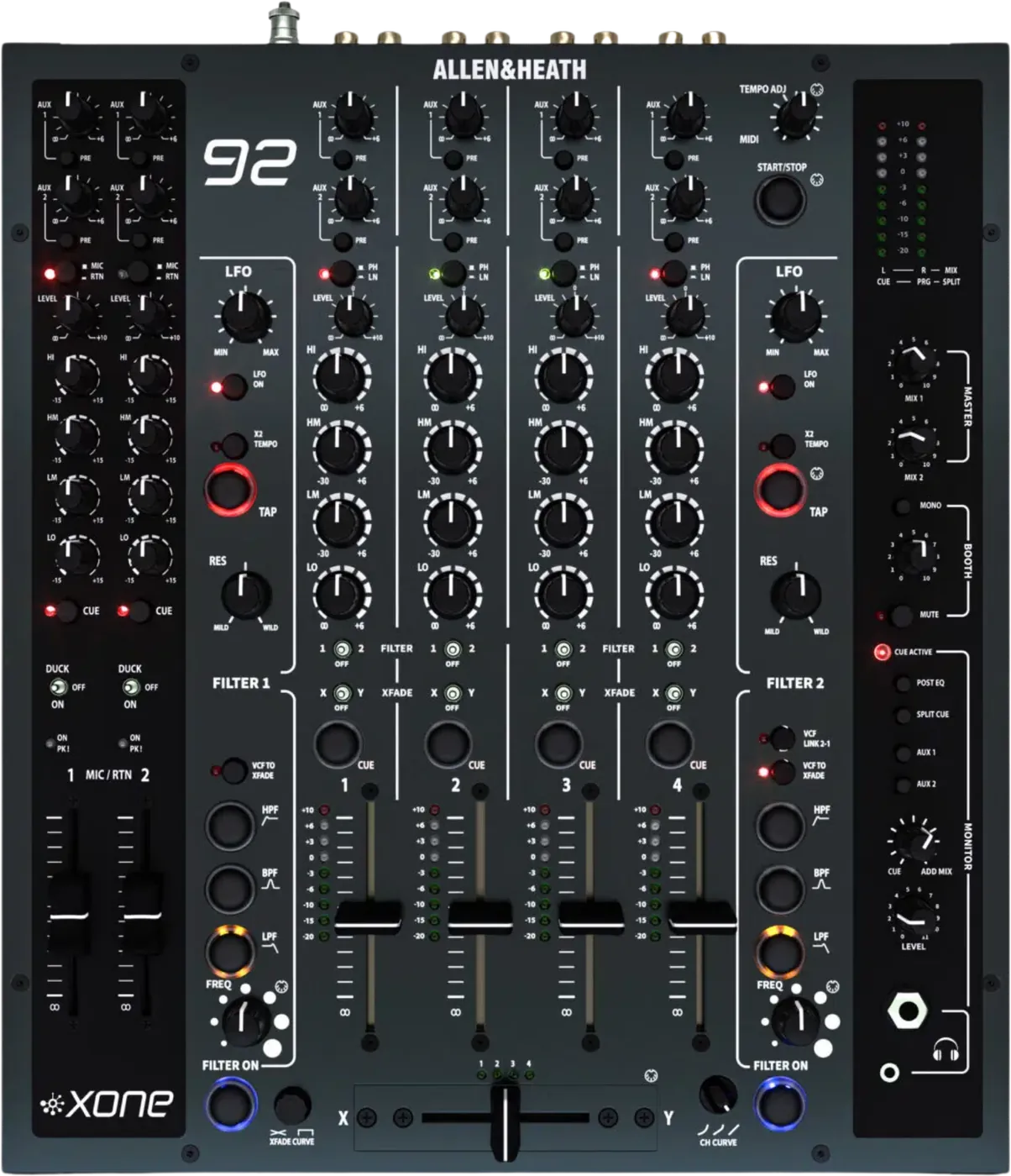 Allen & Heath Xone:92 analogue DJ mixer control panel, top view