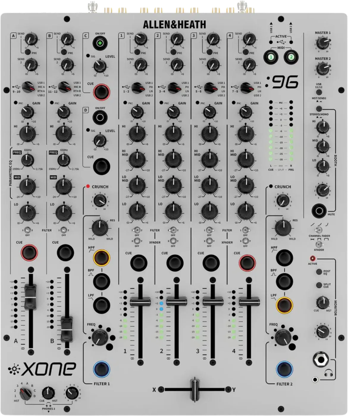 Allen & Heath Xone:96 analogue DJ mixer control panel, top view