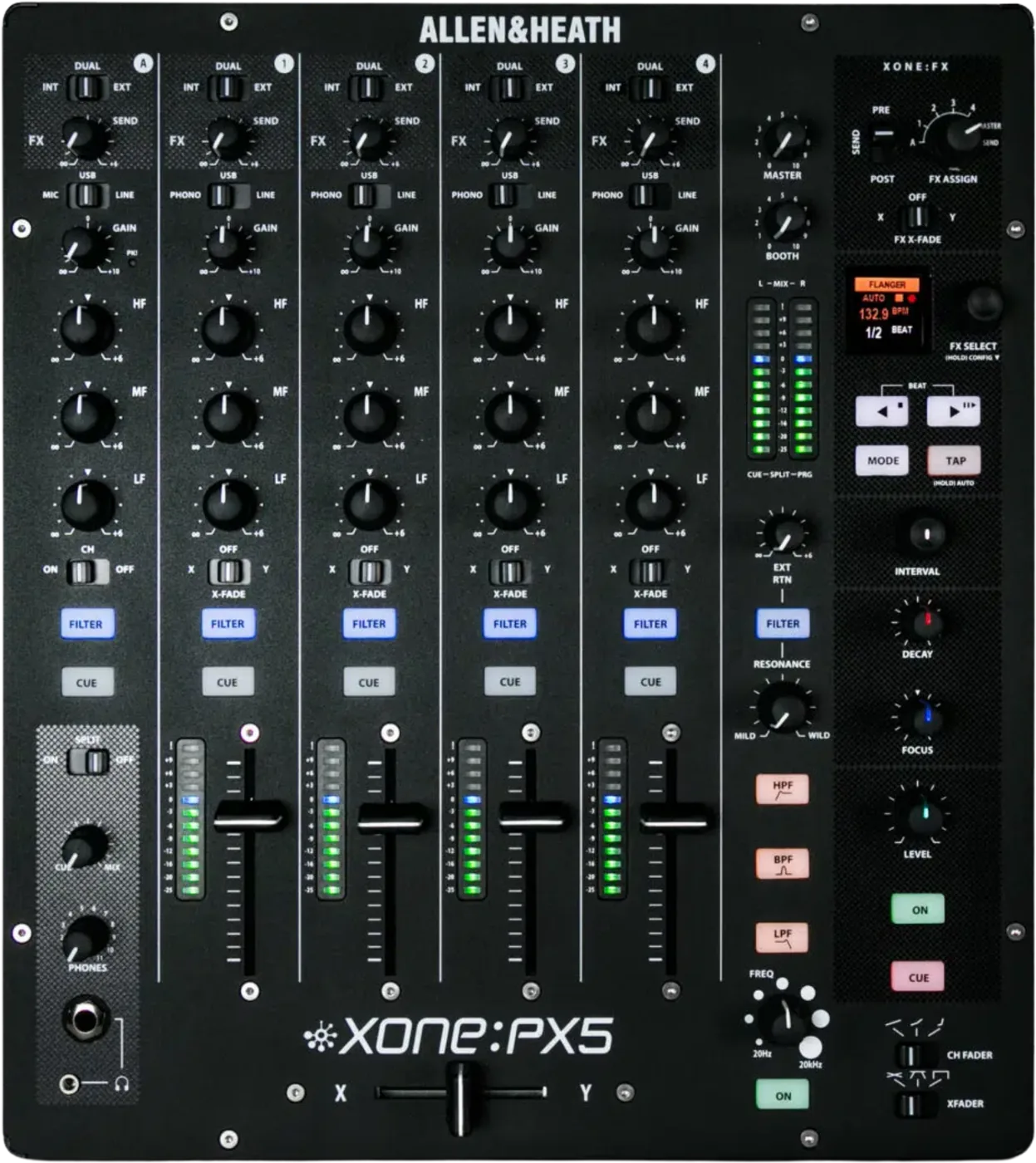 Allen & Heath Xone:PX5 analogue DJ mixer control panel, top view